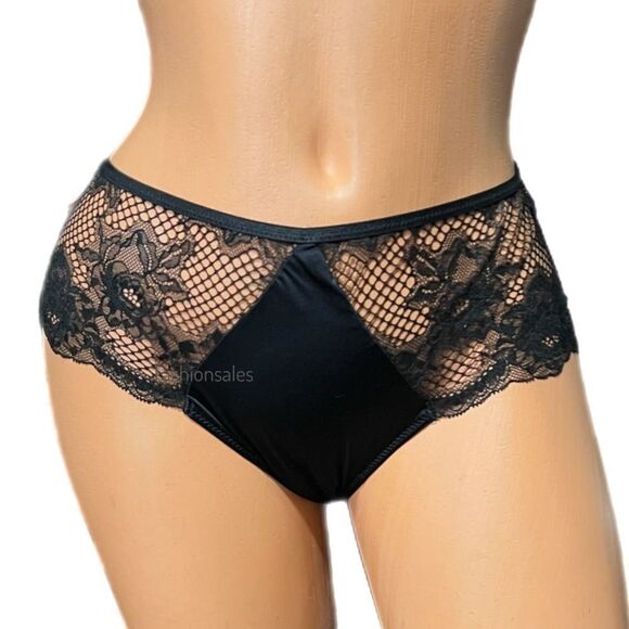 Victorias Secret Very Sexy Satiny fishnet lace Cheeky panty Black Small new - Picture 1 of 4